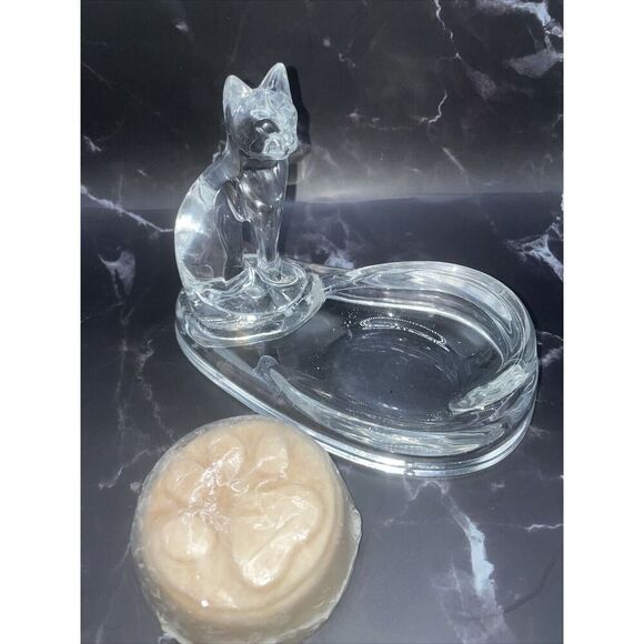 Collectible Cat Trinket Dish w/ Cat Shape Soap Acrylic Lucite Clear MCM - Picture 3 of 3
